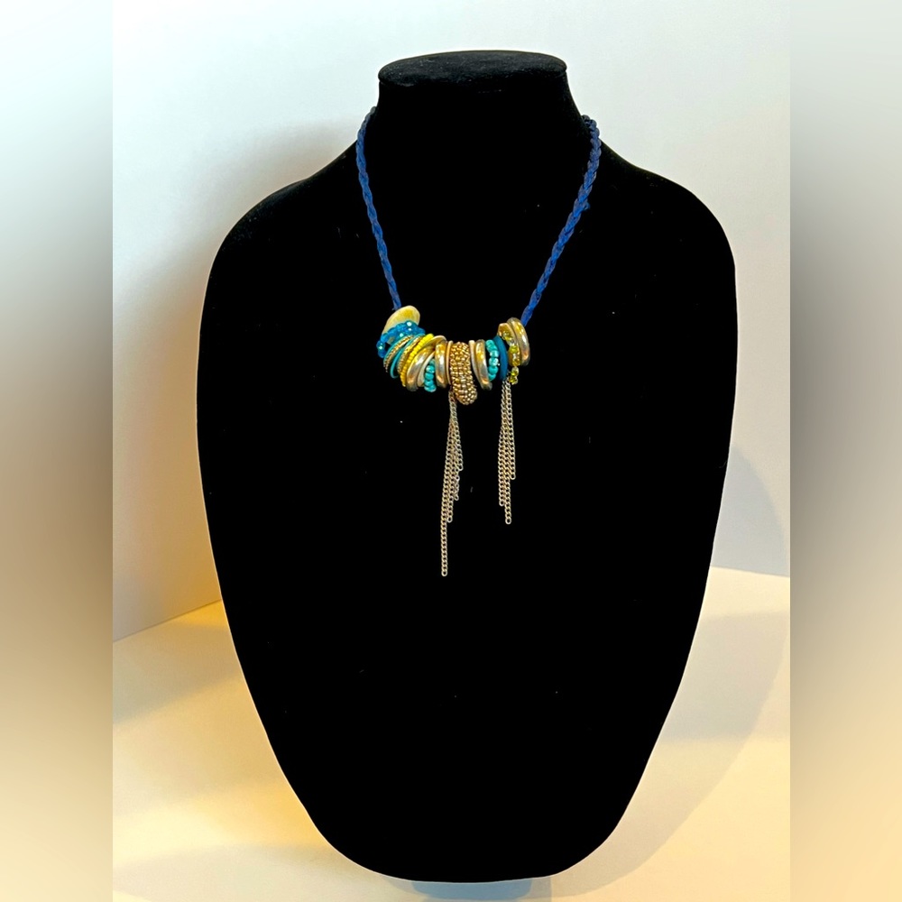 Blue Rope Necklace with Mixed Metals and Beads.